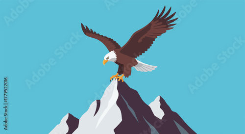 Eagle landing on a mountain peak against blue sky
