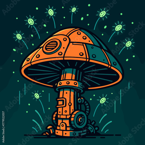Stylized mechanical mushroom with gears and glowing spores in a vibrant design