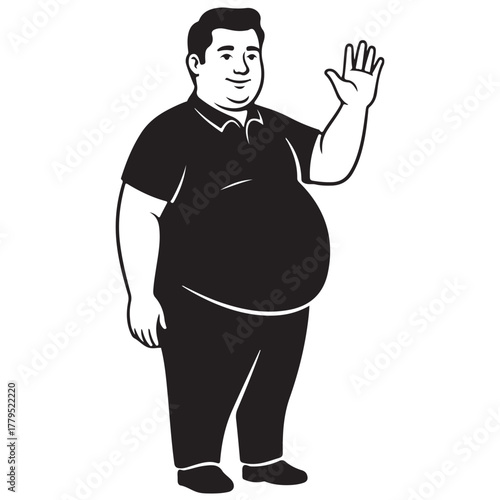 Friendly Overweight Man Waving and Smiling in Black and White Illustration