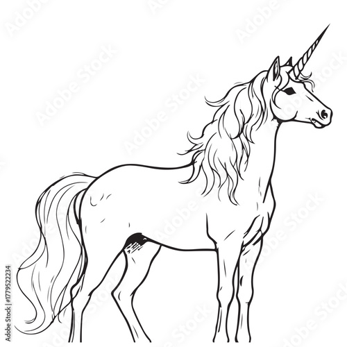 Elegant Unicorn Line Art Drawing Standing on White Background