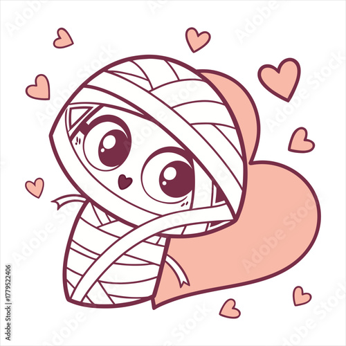Cute cartoon mummy character with big eyes and hearts