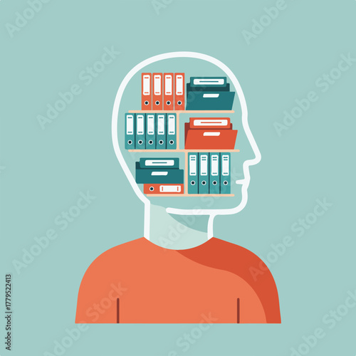 A human outline with filing cabinet inside head, suggesting knowledge, organization, and information