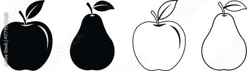 Black and white outline and silhouette icons of apples and pears fruit