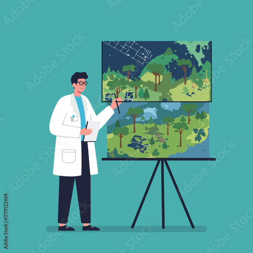 A scientist in a lab coat presents two maps of a natural landscape on a display stand, pointing