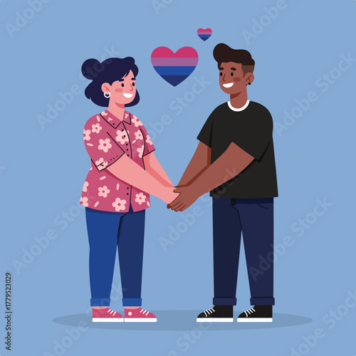 A diverse couple holds hands, expressing love, with bisexual pride hearts floating above them, on a blue background