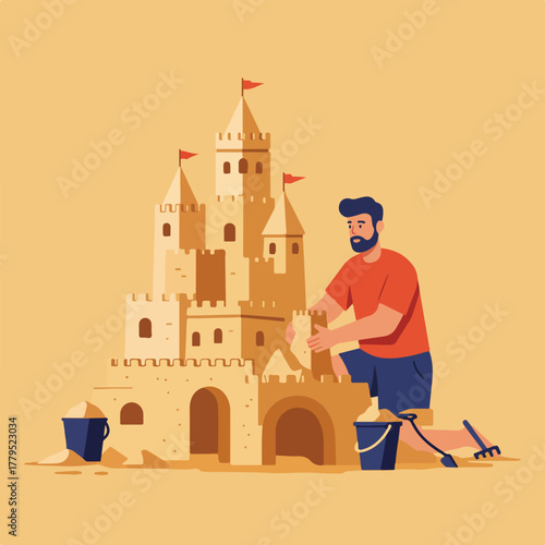 A man builds a sandcastle with buckets, shovel, and rake on a beach, under a solid-colored background