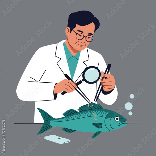A scientist with glasses examines a fish for parasites with a magnifying glass and forceps
