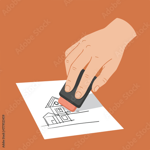 A hand erases a house drawing on paper with a pink-ended eraser, set against an orange backdrop