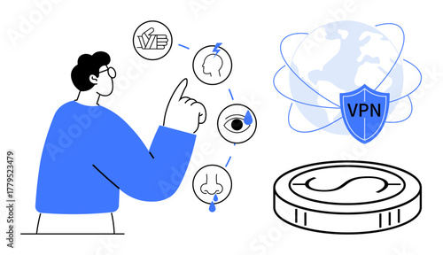 Man interacts with sensory perception icons and a VPN-protected globe surrounded by protective rings. Ideal for digital privacy, cybersecurity, data security, privacy awareness, identity protection