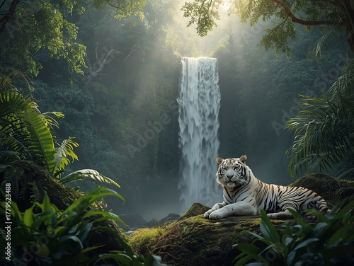 Majestic white tiger resting by a stunning waterfall in lush green jungle, creating a sense of wonder and adventure, perfect for travel and conservation campaigns