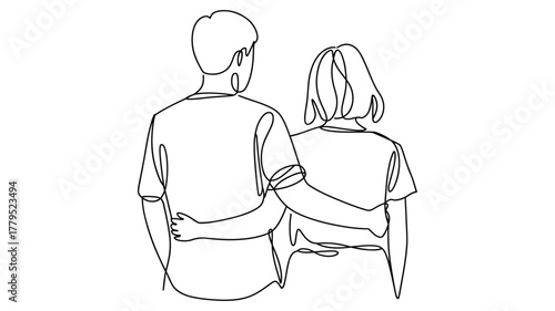  Minimalist line drawing of two individuals standing side by side with arms around each other, viewed from behind in continuous line style