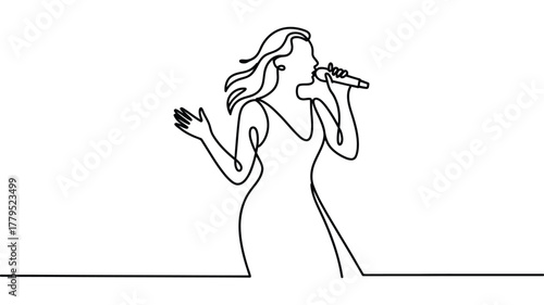  Minimalist line drawing of female singer performing with microphone, expressive hand gesture and flowing dress in elegant continuous style