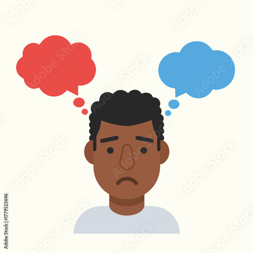 An illustration shows a person with a sad expression contemplating two thought bubbles, red and blue