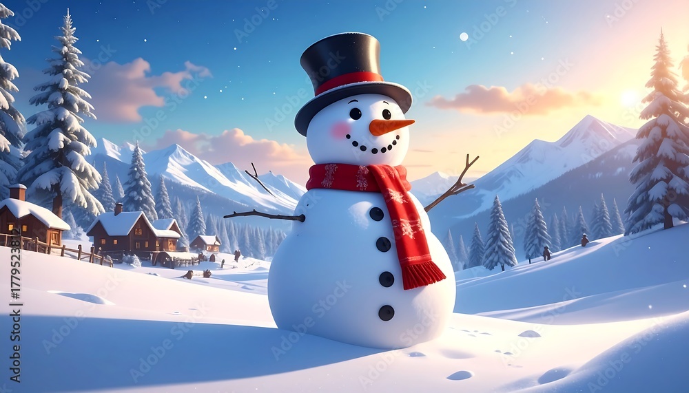 Fototapeta premium Festive snowman with a top hat and scarf stands against a snowy mountain backdrop under a bright, sunny sky