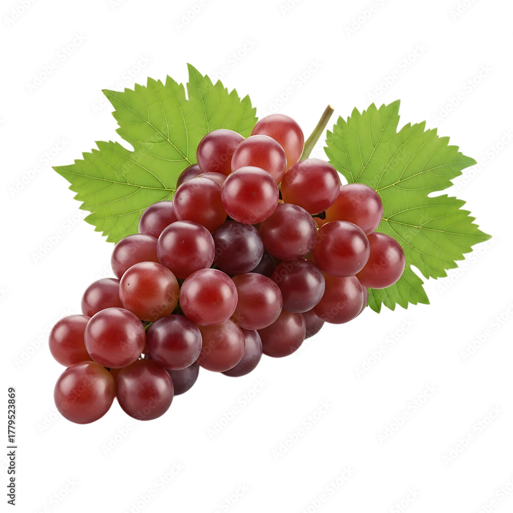 Fototapeta premium Bunch of ripe red grapes with green leaves on a dark background, cutout, PNG isolated on white or transparent background