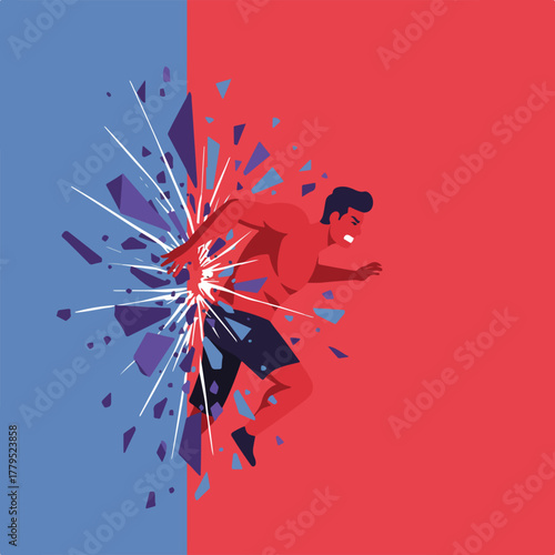 A muscular figure breaks through a wall of shards, embodying breakthrough and forward motion. The background is split