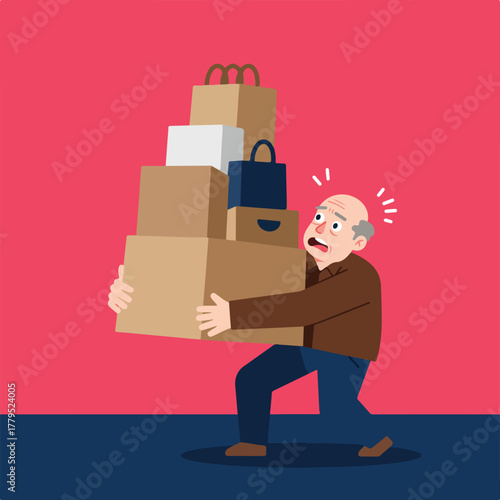 An elderly man struggles to carry a precarious stack of shopping bags and boxes, conveying stress and overwhelm