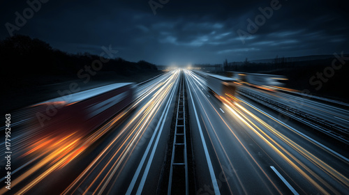 Nighttime highway scene with cargo trucks leaving long light trails