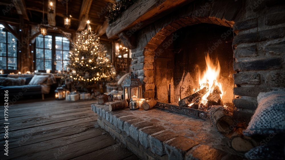Obraz premium Holiday interior scene fireplace burning warmly decorated tree cozy Christmas home atmosphere
