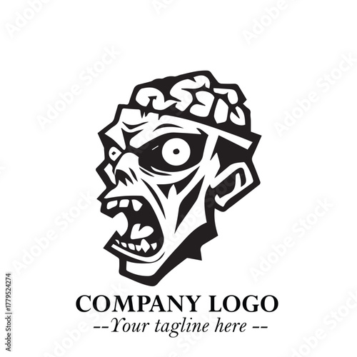 Head of Zombie Logo Symbol in Black on the White Background with Horror Minimal Vector Design