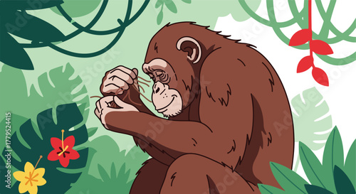 Cartoon Orangutan in a tropical jungle