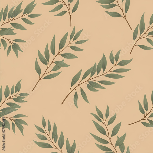 Seamless pattern of green eucalyptus branches on a beige background, watercolor illustration