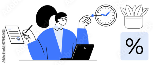 Businesswoman with laptop, clock, document, and pen multitasking. Ideal for time management, productivity, organization, business planning, work-life balance efficiency simple flat metaphor