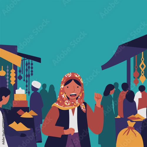 An illustration of a lively market scene featuring a woman in a headscarf, surrounded by people, goods, and stalls