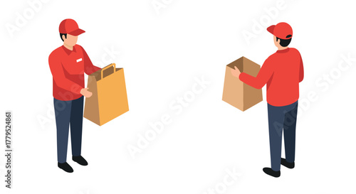 Delivery workers in red uniforms holding brown paper bags