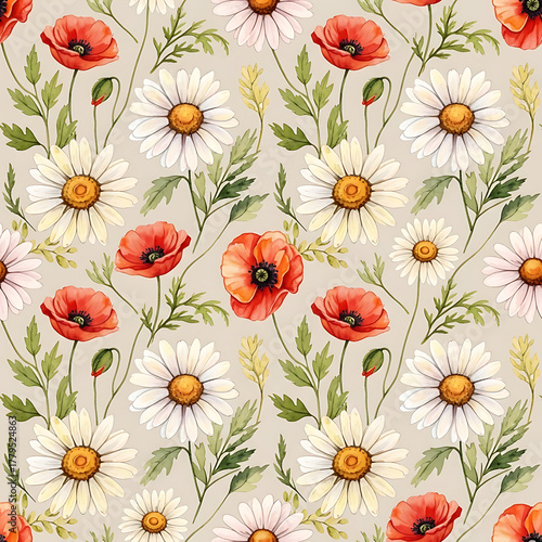 Seamless pattern of poppies and daisies with green leaves on a light background, watercolor illustration