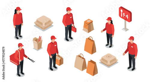Isometric food delivery concept with couriers and packaging elements