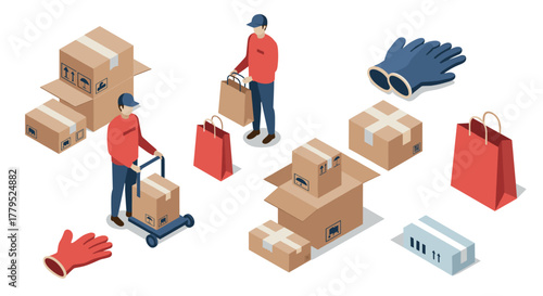Warehouse shipping and delivery in isometric style with workers, boxes, and packaging
