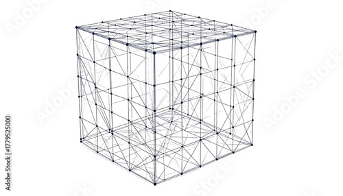 A 3D wireframe cube composed of interconnected lines and nodes, presented against a white background. This visual depicts a skeletal structure