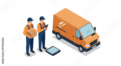 Delivery service concept with couriers and van in isometric style