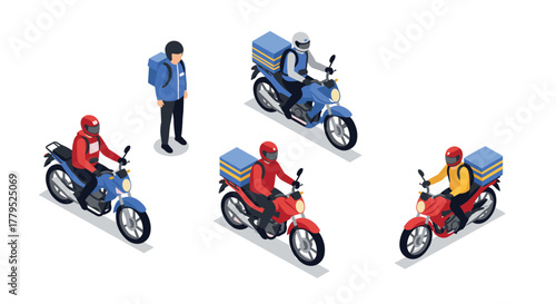 Isometric delivery riders on motorcycles with backpacks for urban logistics