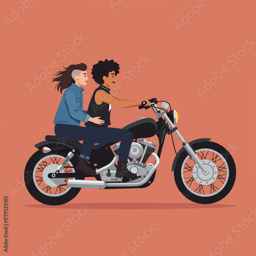 A stylized illustration depicts two people riding a black motorcycle against a coral background. One hugs the other