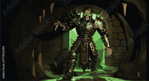 Undead Warrior Emerges from Dark Dungeon Entrance, Glowing Green Mist Billowing