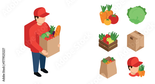 Isometric grocery delivery concept with fresh produce and packaging elements