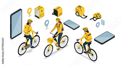 Urban cycling delivery scene couriers with yellow gear and accessories in isometric style
