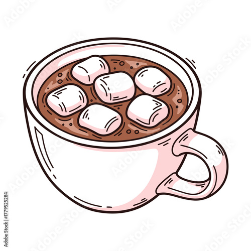 Hot chocolate with marshmallows in a white cup on white background  