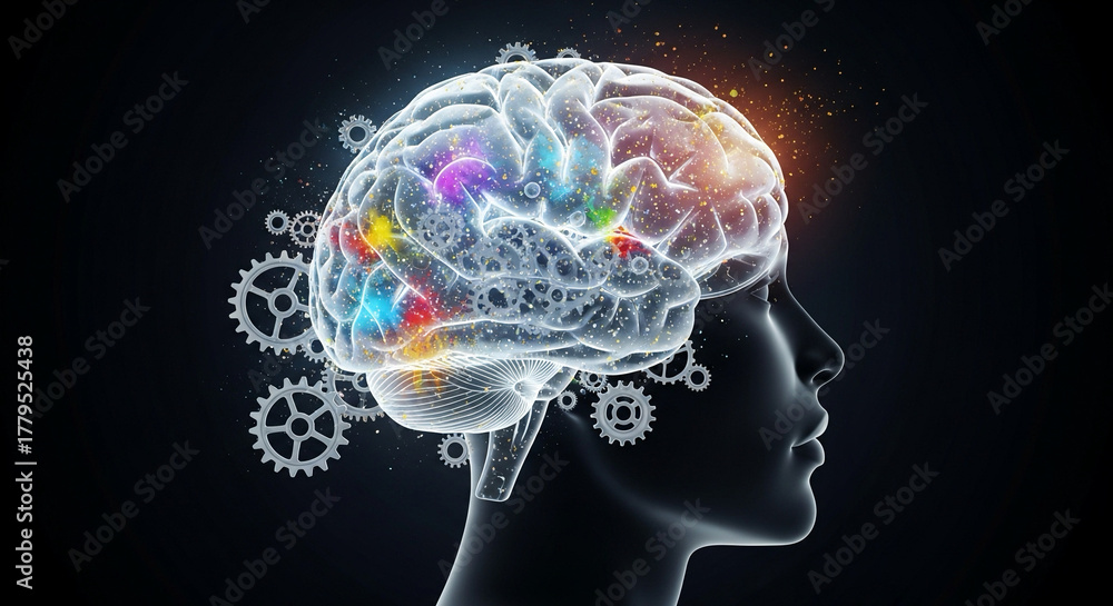 Obraz premium 3D glowing brain with gears and paint splashes — artistic thinking and innovation