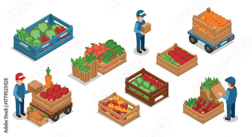Isometric market delivery with fresh vegetables and fruits in wooden crates
