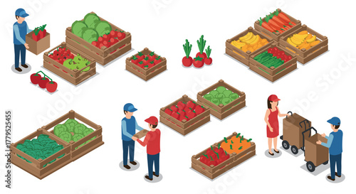 Isometric farmers market stalls and delivery interaction scene