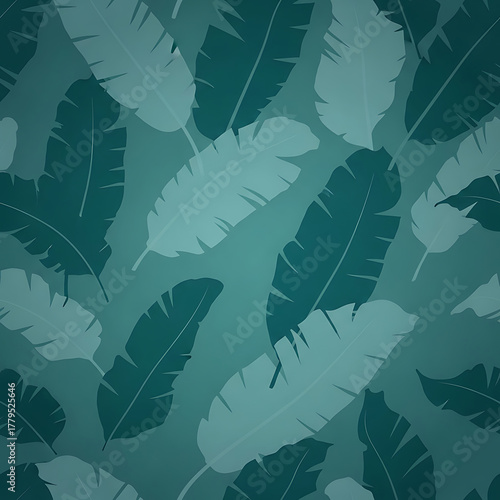 Pattern of stylized banana leaves in shades of teal and turquoise on a gradient background