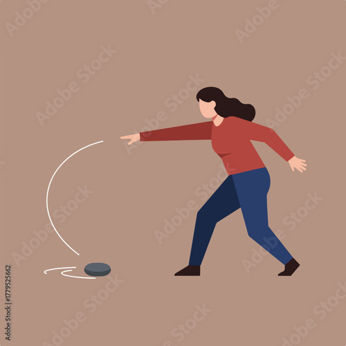 A woman in a red shirt and blue jeans throws a dark object, indicated by a curved line, with movement shown