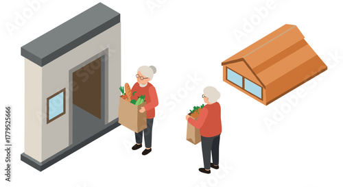 Elderly woman carrying groceries isometric style near small house