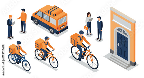 Urban delivery and navigation scene with couriers, customers, and vehicles in isometric style