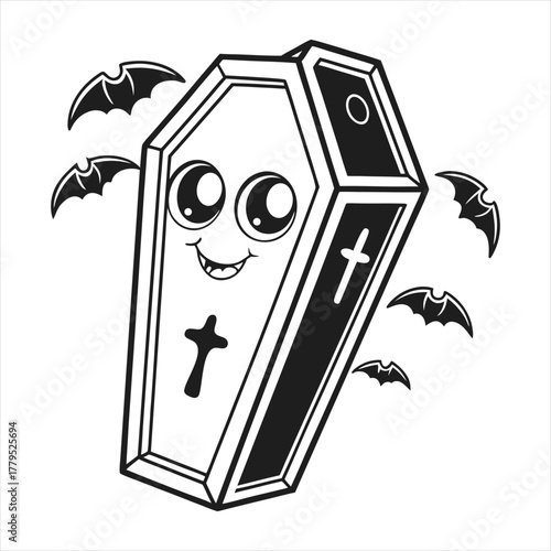 Cute cartoon coffin with happy face and bats