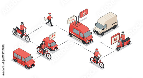 Isometric delivery network with couriers on bicycles, mopeds, and vans in urban setting