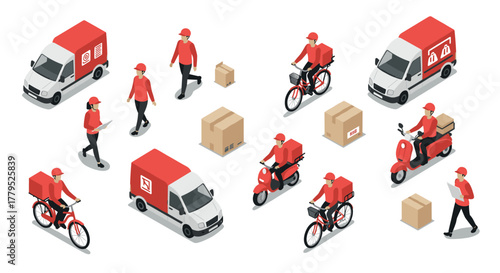Isometric delivery service with bicycles, scooters, and vans in red uniforms
